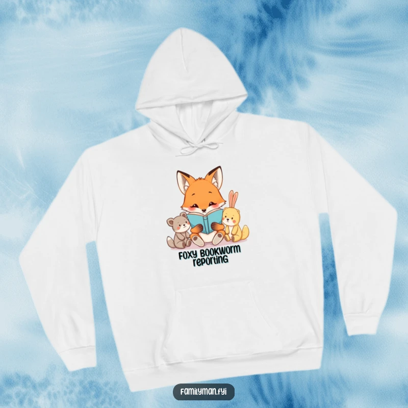Funny hoodie showcasing a curious fox reading a book to attentive stuffed animals, providing warmth and a touch of whimsical charm for book lovers.