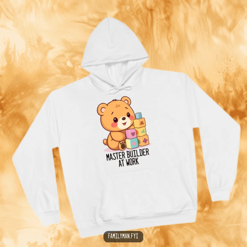 Funny hoodie design of a cute bear cub focused on stacking colorful wooden blocks.
