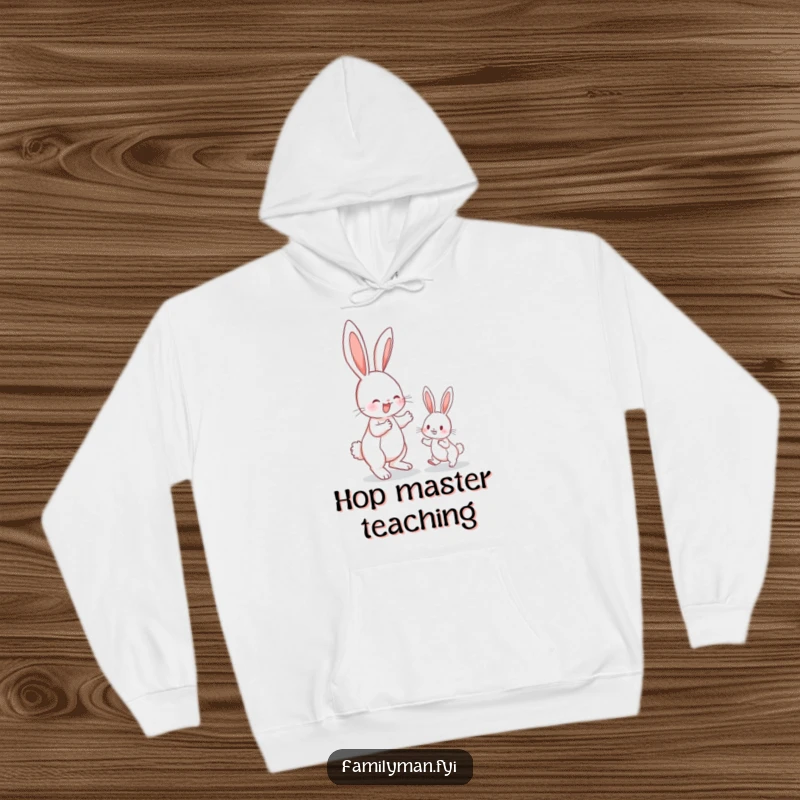 Funny bunny hoodie, an energetic bunny patiently teaching a smaller bunny the proper way to hop, full of zest.