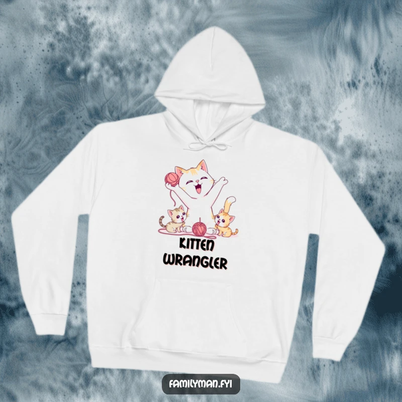 Funny Hoodie displaying a playful father cat casually tossing a yarn ball for eager kittens, symbolizing fun.