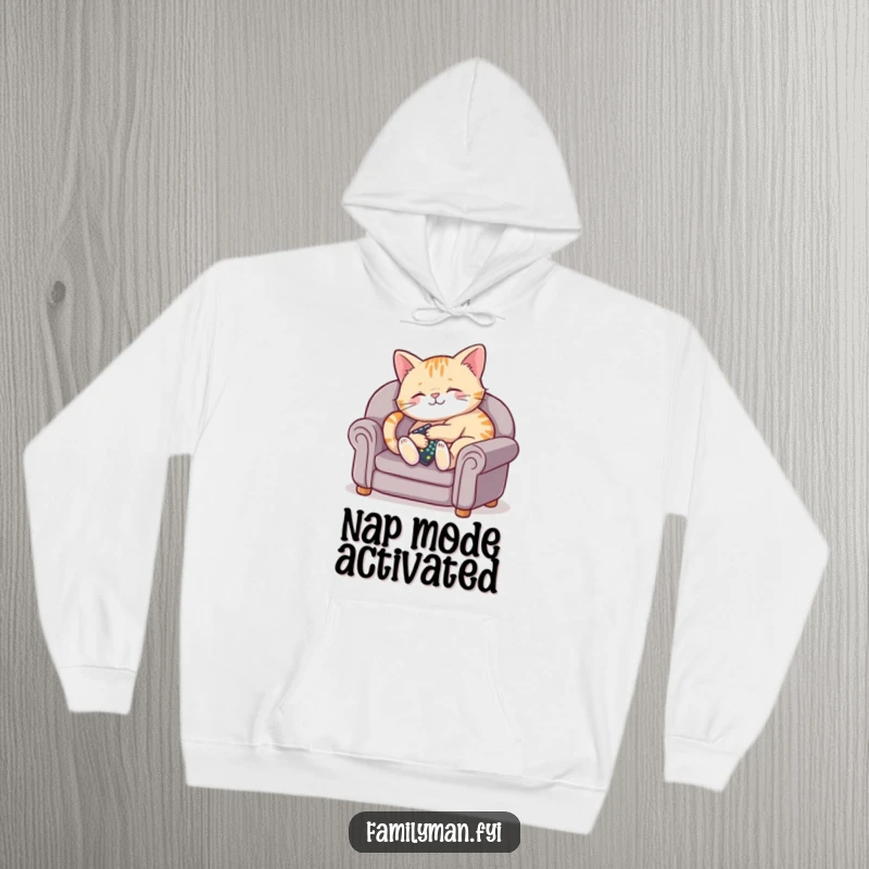 Funny hoodie design of a relaxed cat on a small couch holding a remote, perfect for cozy days.