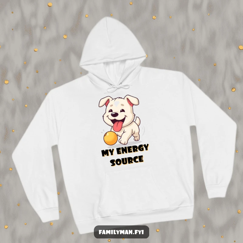 Funny hoodie depicting a happy dog with its tongue lolling out, enthusiastically pursuing a bouncing ball.