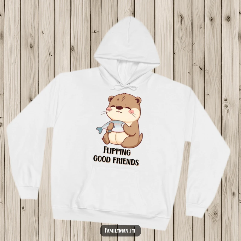Funny Otter Hoodie showcasing a friendly otter sharing a fish, perfect for cozying up with a humorous vibe.
