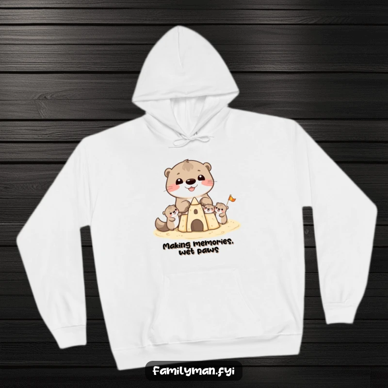 Funny Otter Hoodie: A cheerful otter family enjoying quality time building an impressive sandcastle together on a sandy beach, embodying pure joy.