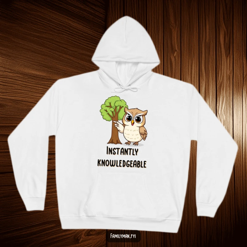 Funny owl hoodie with a proud owl character gesturing towards a detailed family tree, symbolizing wisdom and lineage.