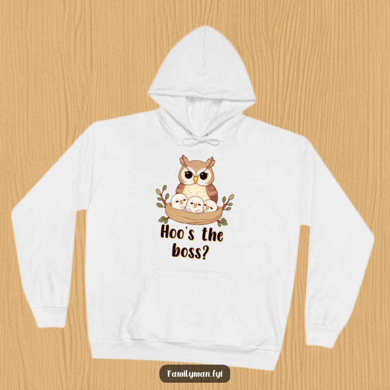Funny hoodie showcasing a proud owl parent vigilantly guarding its peacefully sleeping owlets within their safe and cozy treetop nest.