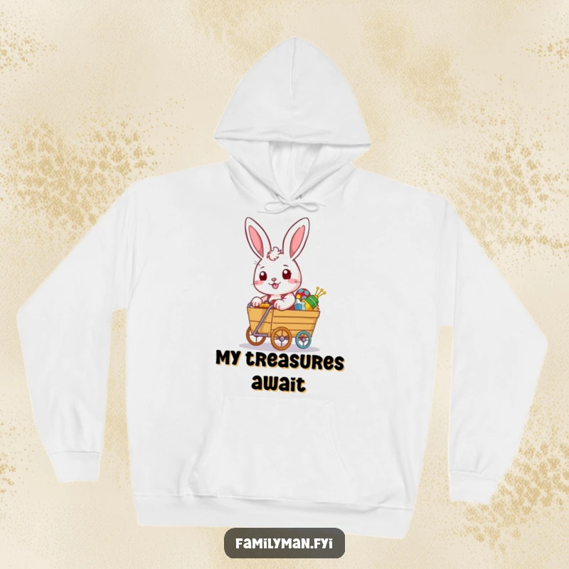 Funny rabbit hoodie with a determined look pushing an overflowing toy cart, symbolizing a passion for toys.