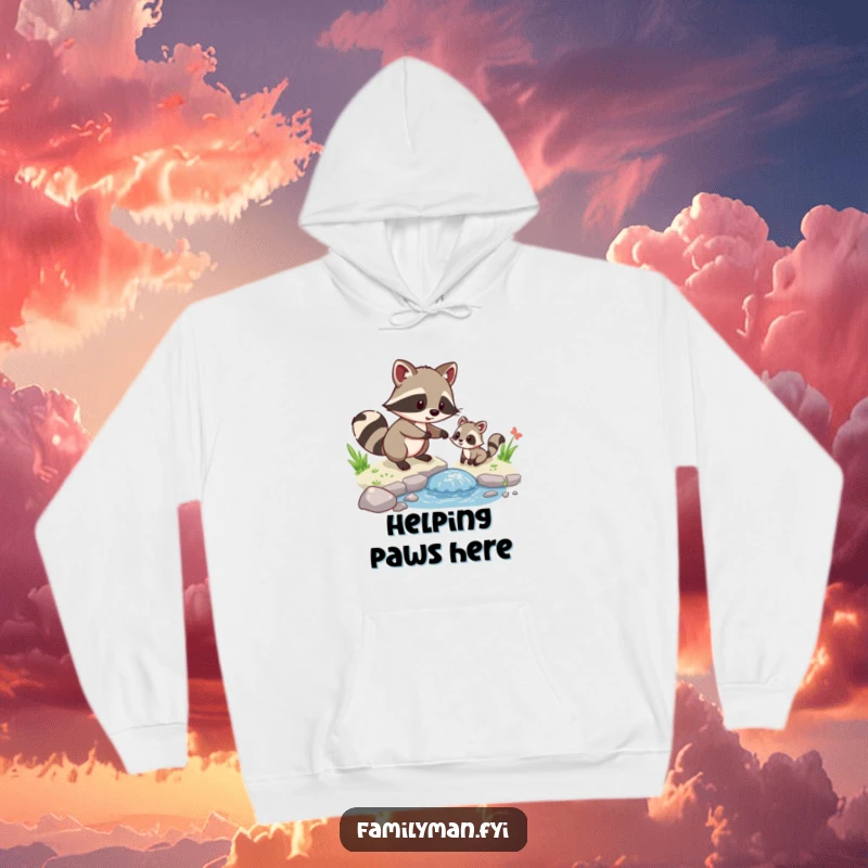 Funny Raccoon Pal Hoodie, showing a playful raccoon helping a tiny animal cross a stream, embodying helpfulness and humor.