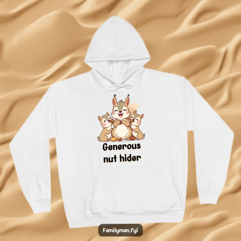 Funny squirrel hoodie, a delighted squirrel offering nuts to its circle of friends, embodying camaraderie and warmth.