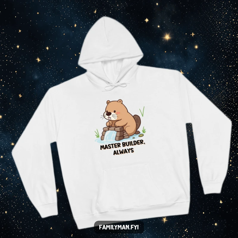 Funny Beaver Hoodie depicting a hardworking beaver building a dam, perfect for cozying up after a productive day.