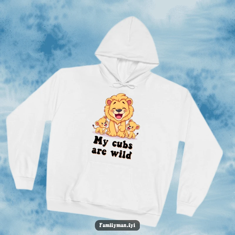 Funny Dad Lion Hoodie: Warm and humorous hoodie showing a lion dad playing fetch with cubs, a cozy fatherhood item.