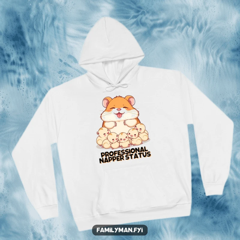 Funny dad hamster napping peacefully surrounded by his babies, featured on a warm hoodie. A cozy and humorous design for ultimate relaxation.