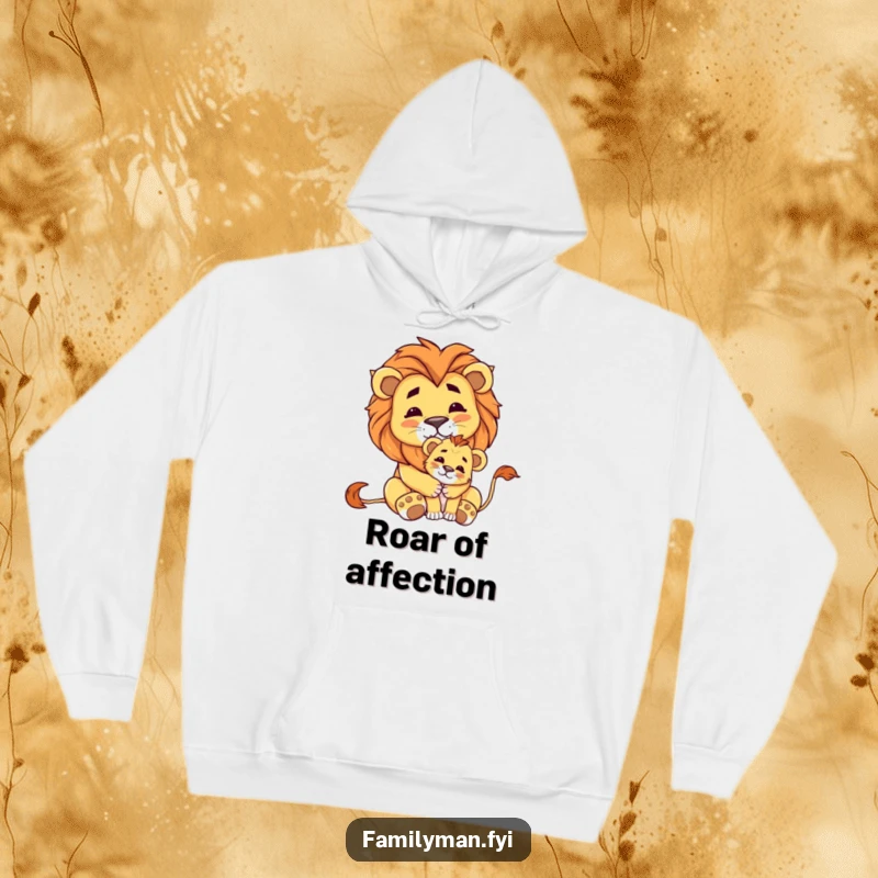 Funny hoodie featuring a proud lion gently embracing a small cub, radiating warmth, security, and paternal affection.