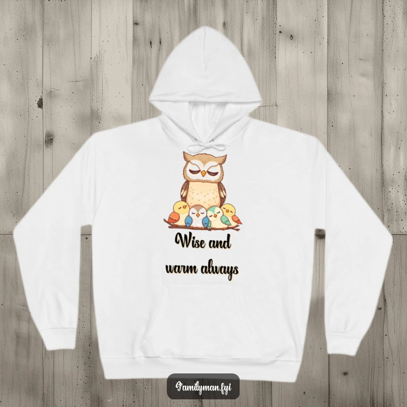 Funny Owl Hoodie depicting a wise owl watching over a sleeping bird family, perfect for cozy, humorous moments.
