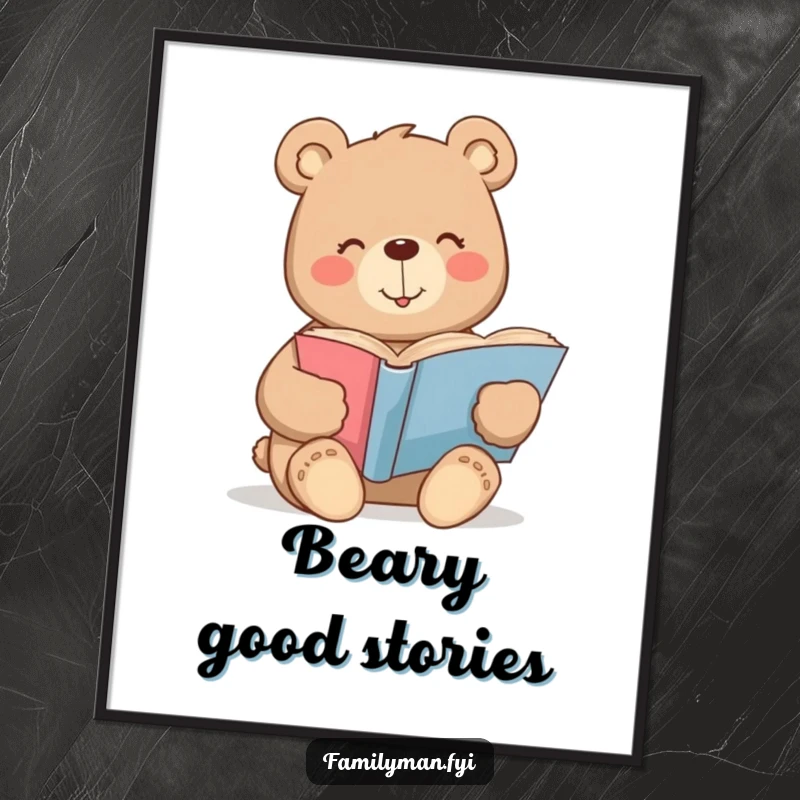 Funny Free Printable Wall Art: Content bear with a warm smile reading a large storybook, radiating peaceful humor.