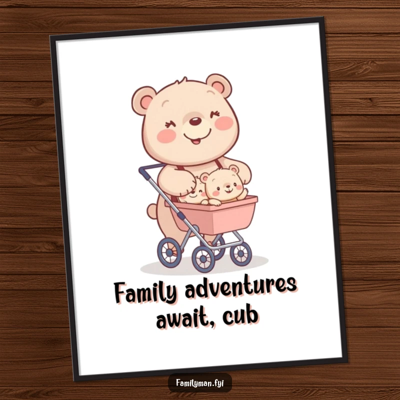 Funny Free Printable Wall Art: Happy bear pushing a stroller full of tiny, smiling bear cubs.