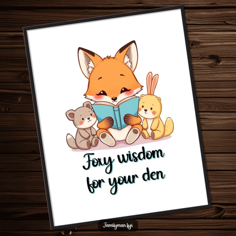 Funny Free Printable Wall Art: Curious fox reads a book to attentive stuffed animals, creating a whimsical and humorous room decoration.