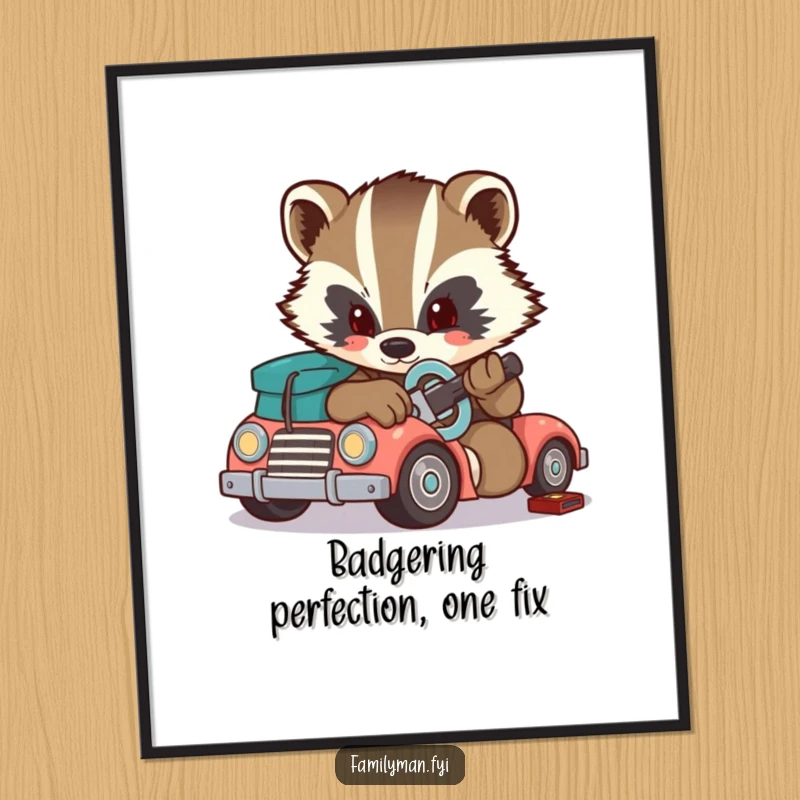 Funny Free Printable Wall Art: Determined badger fixes a broken toy car with a small wrench. Whimsical downloadable decor.