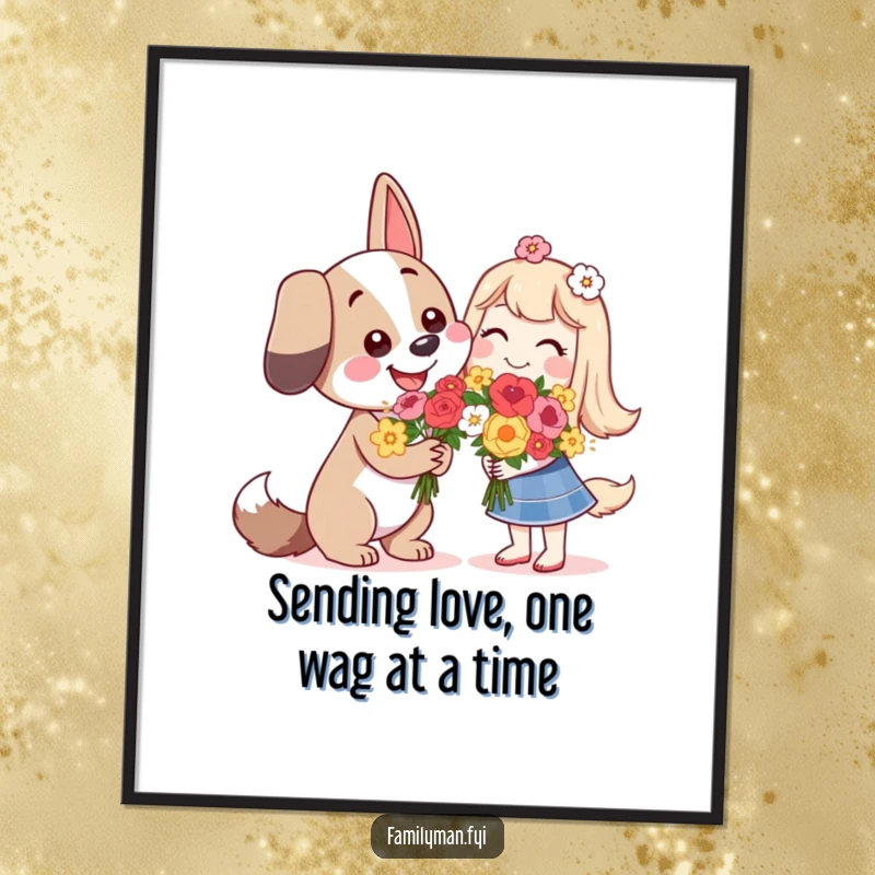 Free Printable Wall Art: A happy dog character offers a bouquet of flowers with a warm smile, bringing joy.