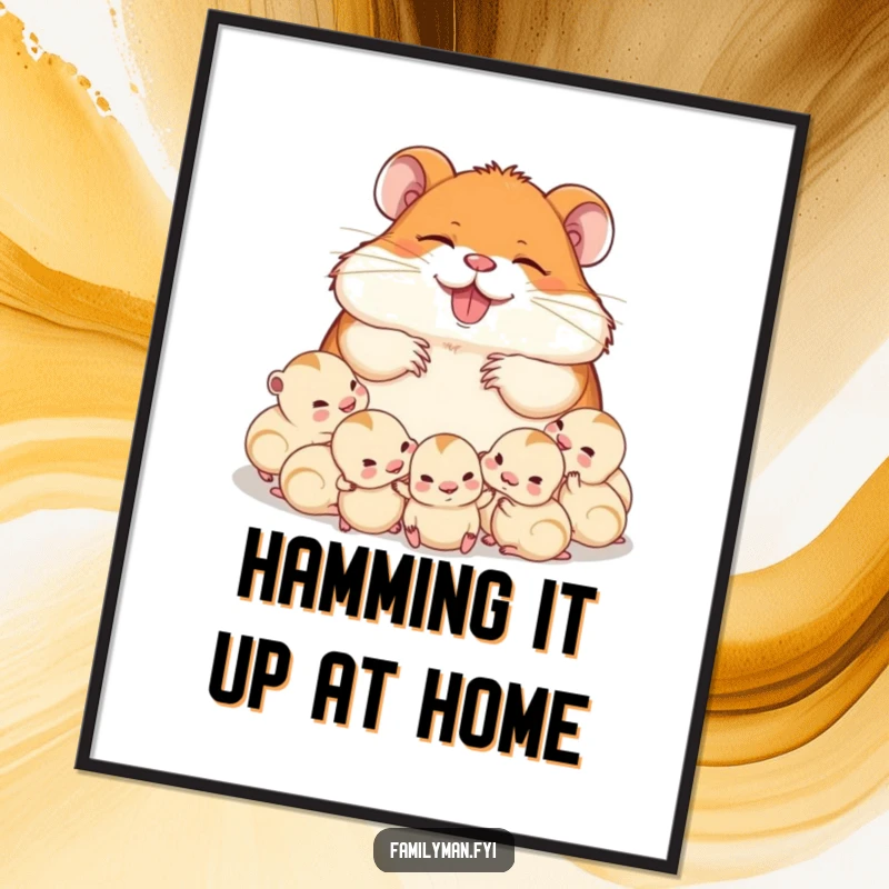 Funny Free Printable Hamster Dad Wall Art: Delighted dad hamster naps contentedly, surrounded by his little ones.