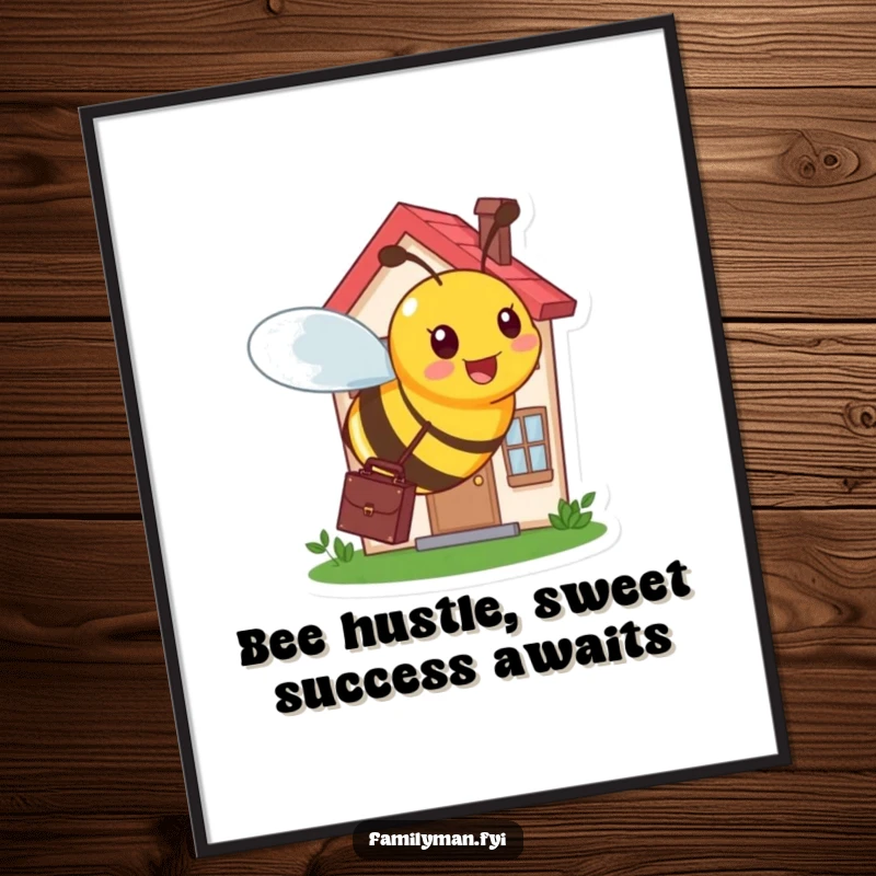 Funny Free Printable Wall Art: Busy bee with a briefcase buzzing around a tiny, bustling house, representing hard work, downloadable.