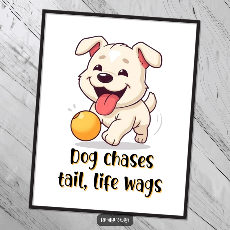 Funny Free Printable Wall Art: Happy dog with tongue lolling out, wildly chasing a bouncing ball, a dynamic downloadable.
