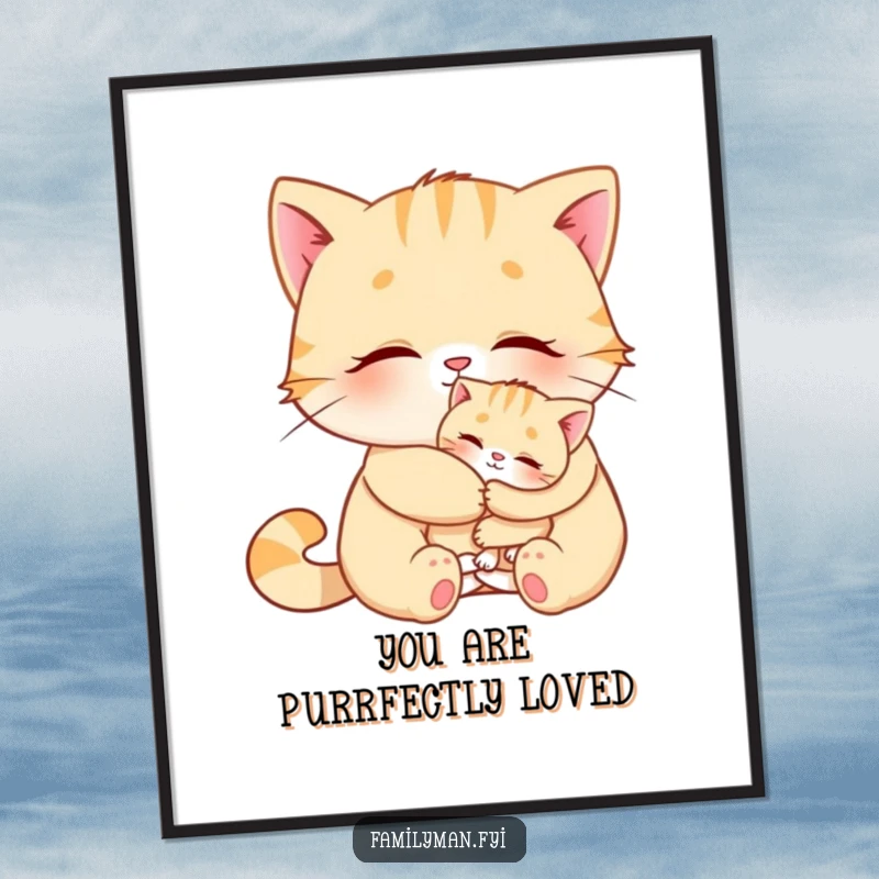 Funny Free Printable Wall Art: A large cat tenderly hugs a small kitten, creating a heartwarming and humorous piece of art.