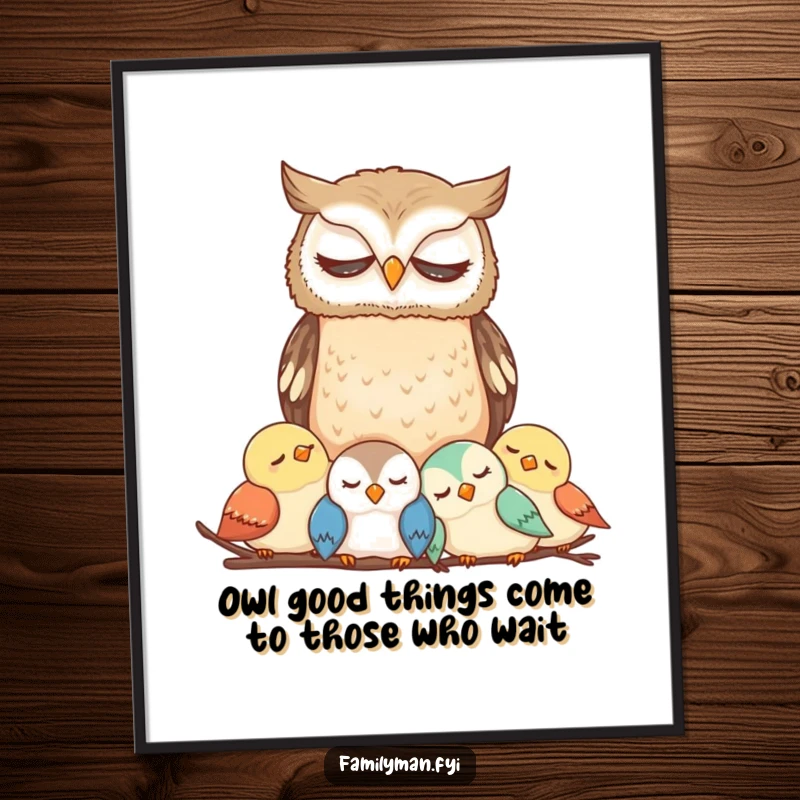 Funny Free Printable Wall Art: A thoughtful owl watches over a peaceful family of sleeping birds, adding humor to any room.