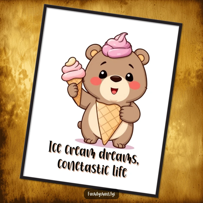 Funny Free Printable Wall Art: Smiling bear cub proudly holding a giant, overflowing ice cream cone, radiating pure joy.