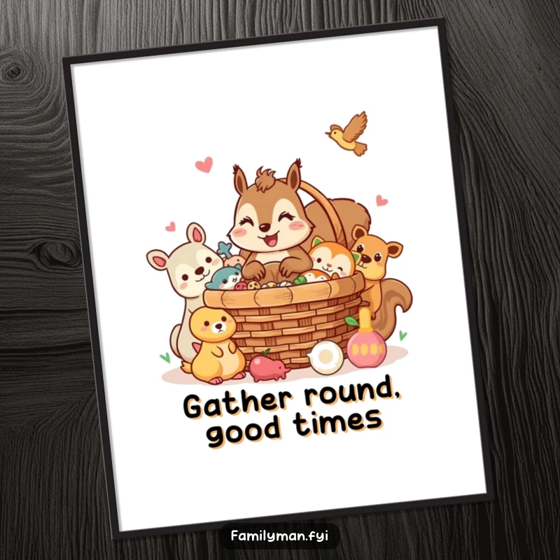 Funny Free Printable Wall Art: Cheerful squirrel shares a picnic basket with various animal friends. Charming downloadable decor.