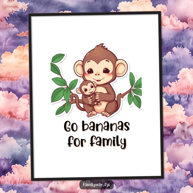 Funny Free Printable Monkey Wall Art: Content monkey holding a baby monkey close, showcasing a tender and loving bond.