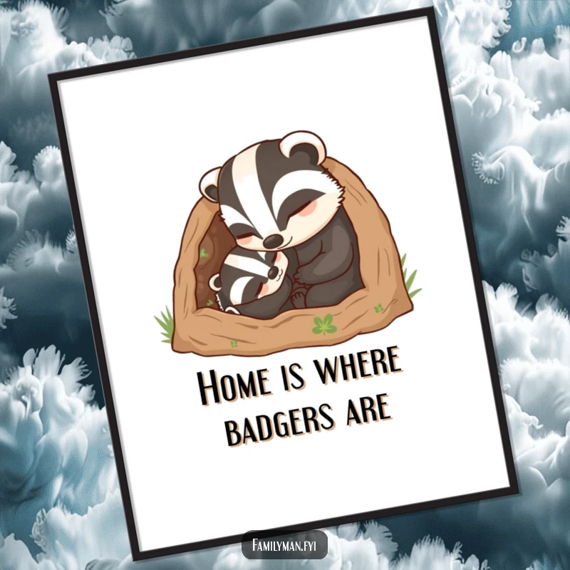 Funny Free Printable Wall Art: Caring father badger tucking his child into a snug and cozy burrow.