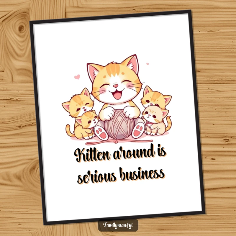 Funny Free Printable Wall Art: Joyful cat tangled with a ball of yarn surrounded by playful kittens, a whimsical decor piece.