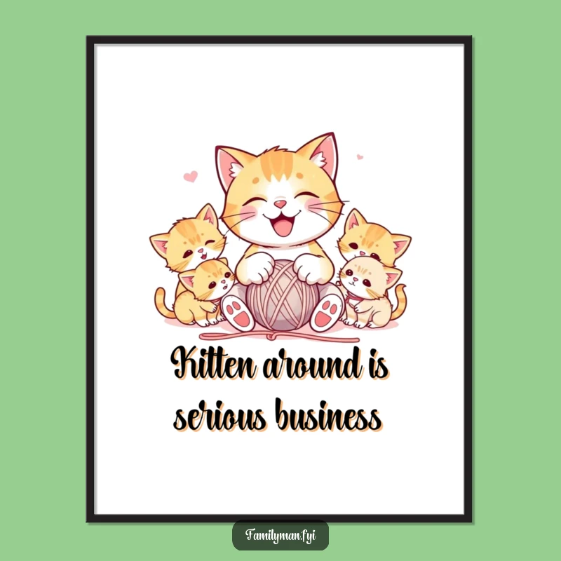 Free Printable Wall Art: Joyful Cat & Kittens with Yarn, Funny Downloadable Art