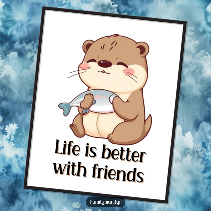 Funny Free Printable Wall Art: A playful otter offers a fish to a friend, capturing a moment of humorous and heartwarming generosity.