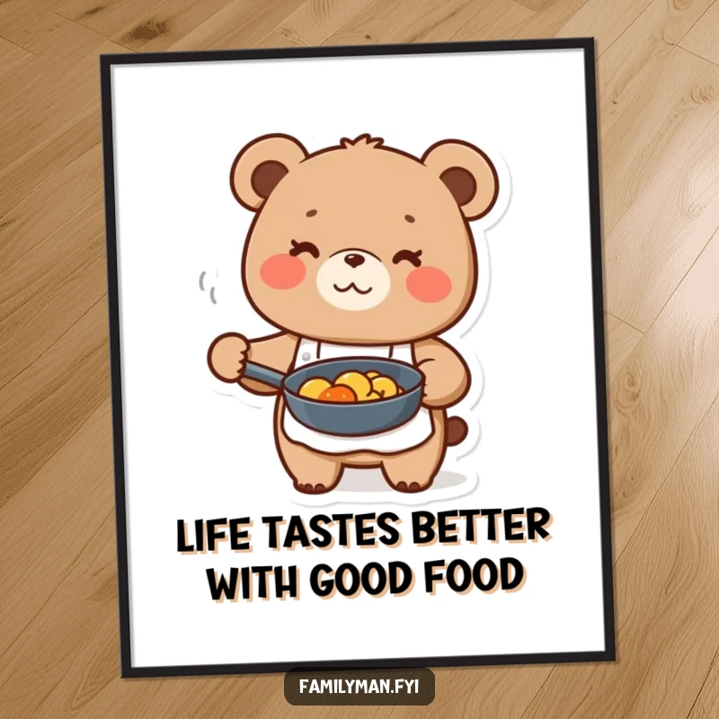 Funny Free Printable Wall Art: Cute bear in an apron happily holds a frying pan with delicious food, printable decor.