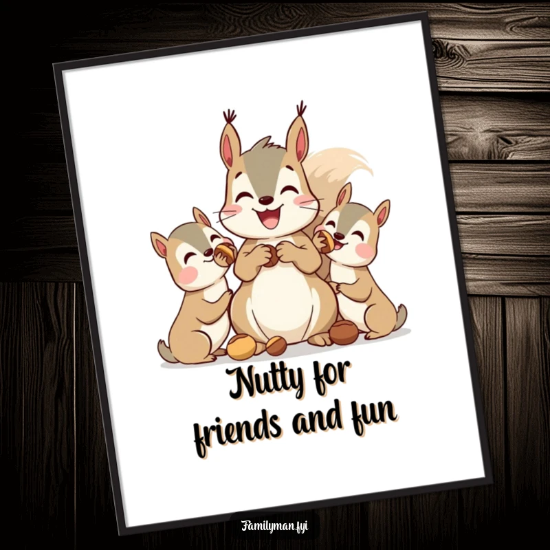 Funny Free Printable Wall Art: A delighted squirrel generously sharing his nut collection with a happy gathering of forest friends.