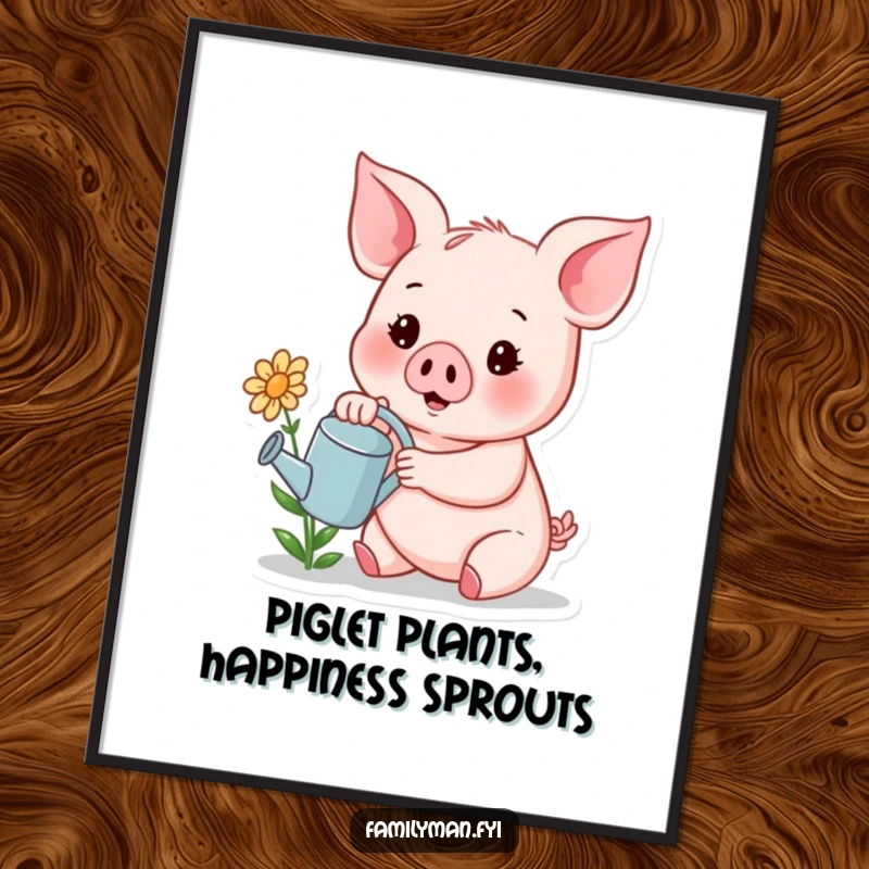 Funny Free Printable Wall Art: Cheerful piglet with watering can tends a small smiling flower, a sweet downloadable.