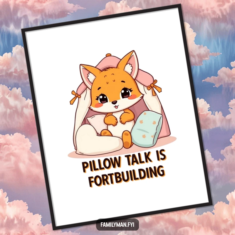 Funny Free Printable Wall Art: Cheerful fox cub building an epic pillow fort, radiating cozy and playful vibes for your room.