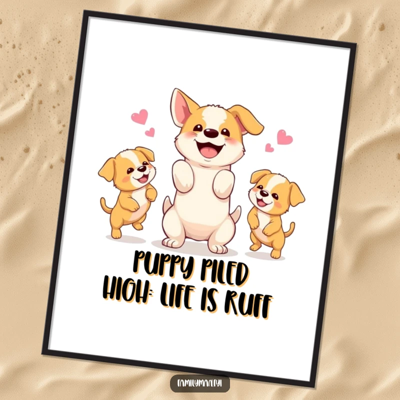 Funny Free Printable Wall Art showing a proud, happy dog skillfully juggling three very cute, energetic puppies.