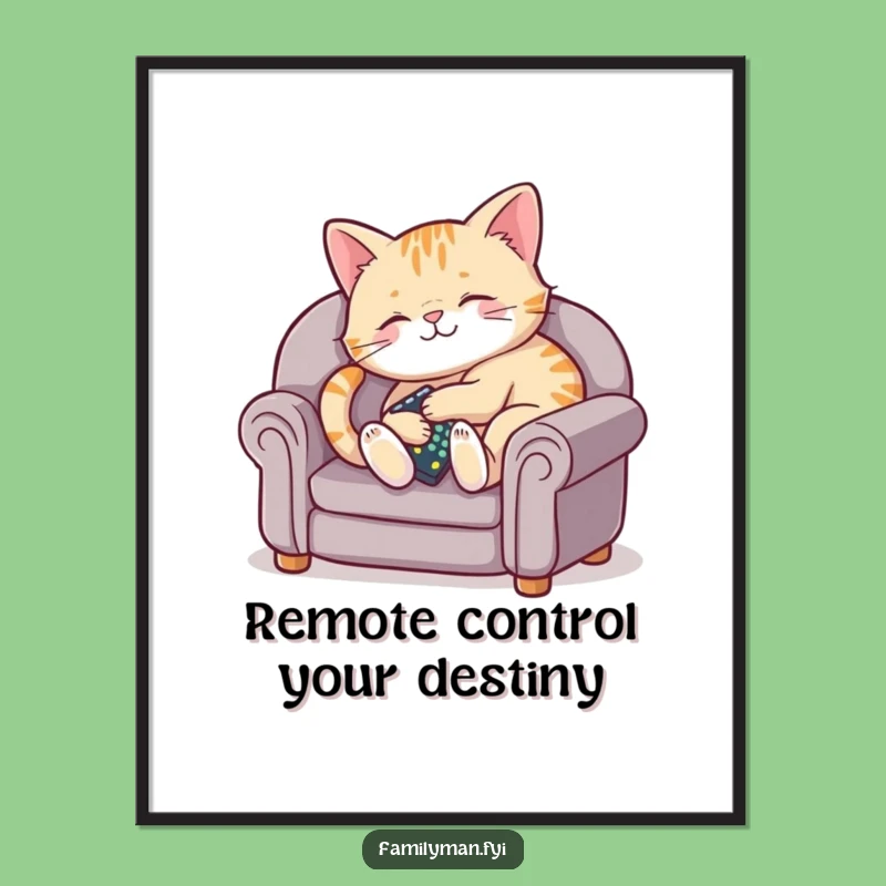 Free Printable Wall Art: Funny Content Cat Couch Remote Design, Quirky Home Decor