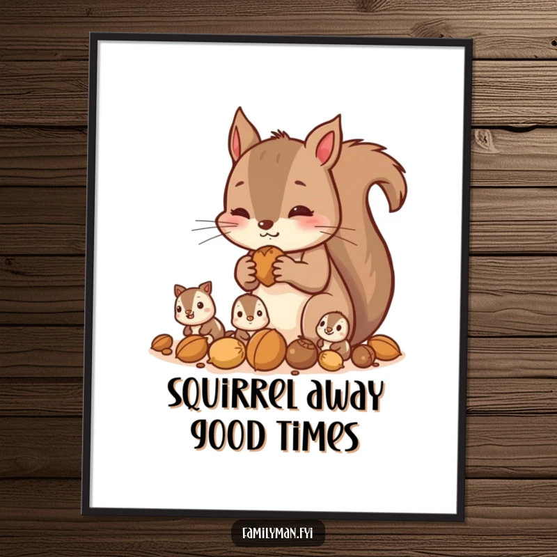 Funny Free Printable Wall Art: Diligent squirrel gathers nuts with children, busy woodland family, charming downloadable decor.