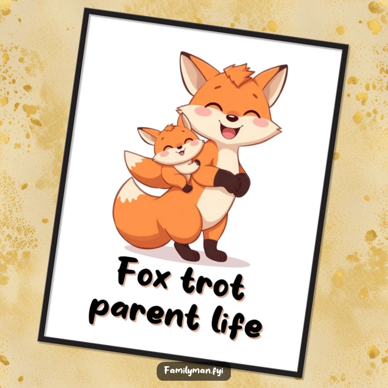 Funny Free Printable Wall Art: A cheerful father fox carrying a cute baby fox on its back, depicting togetherness.