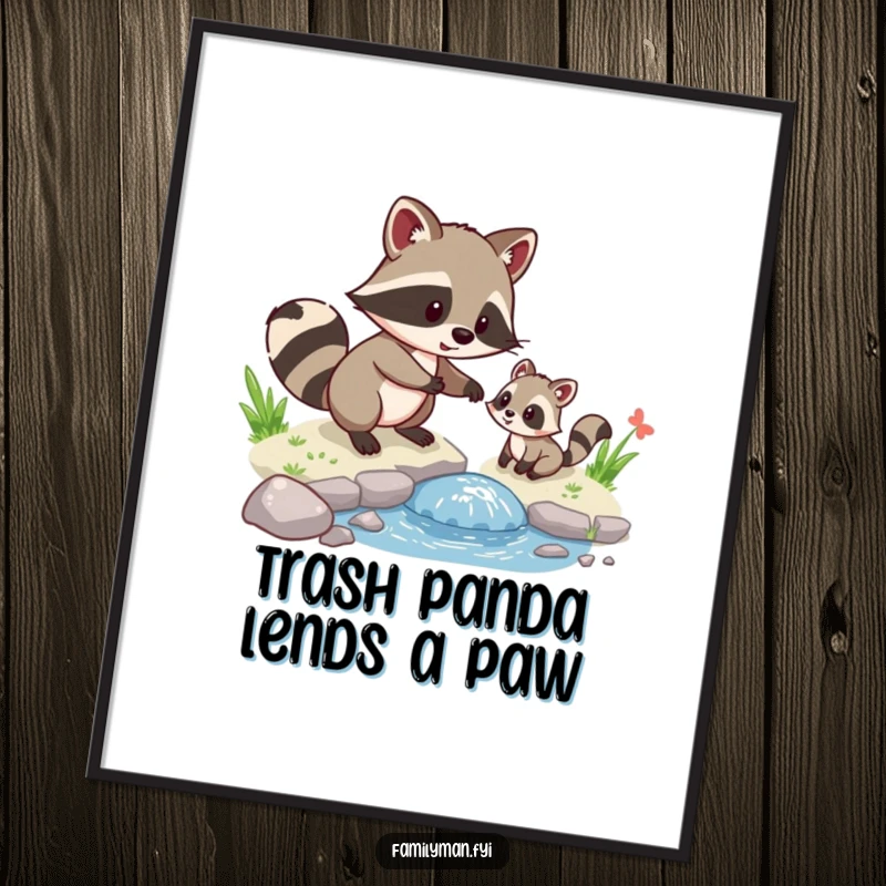 Funny Free Printable Wall Art: A playful raccoon assists a tiny animal crossing a stream, creating a scene of kindness and charm.