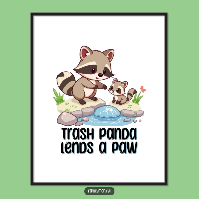Free Printable Wall Art: Raccoon's Helpful Charm, Cute Animal Scene, Humorous Downloadable Decor