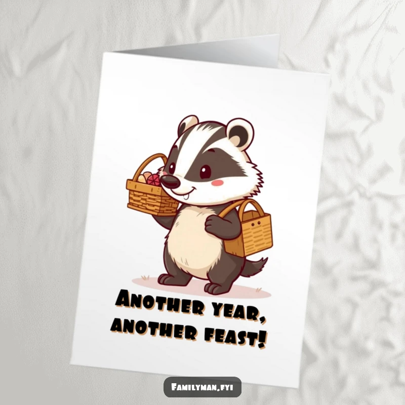 Funny Free Printable Badger Dad Birthday Card: Determined dad badger proudly carries picnic basket, ready to celebrate.