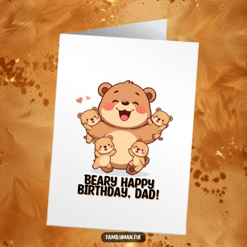 Funny Free Printable Birthday Card: A happy father bear playfully tossing multiple baby bears in the air.