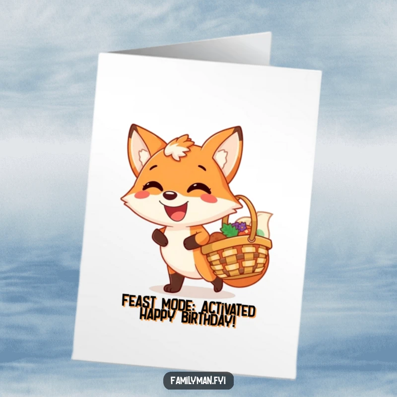 Funny Free Printable Birthday Card featuring a joyful fox with a huge grin, carrying a picnic basket, ready for a party.
