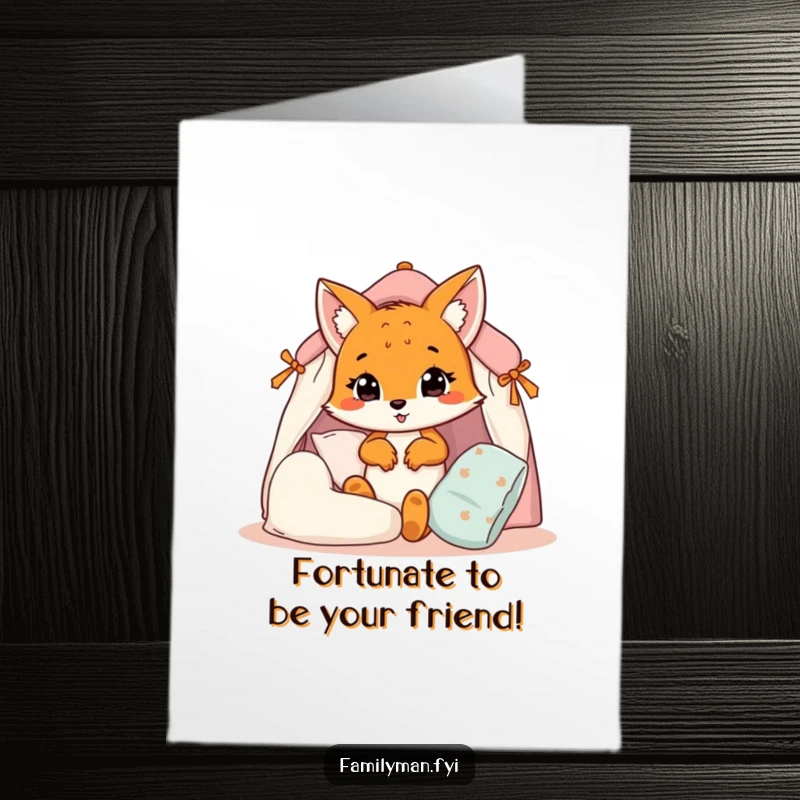 Funny Free Printable Birthday Card: Cheerful fox cub enthusiastically building a pillow fort, ready for a playful celebration.