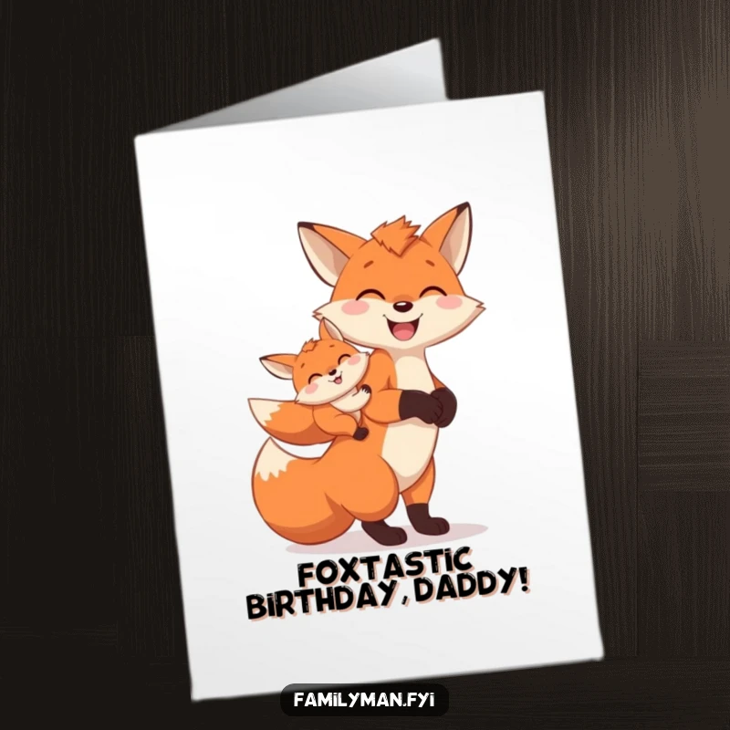 Funny Free Printable Birthday Card: A cheerful father fox with a baby fox riding on its back.